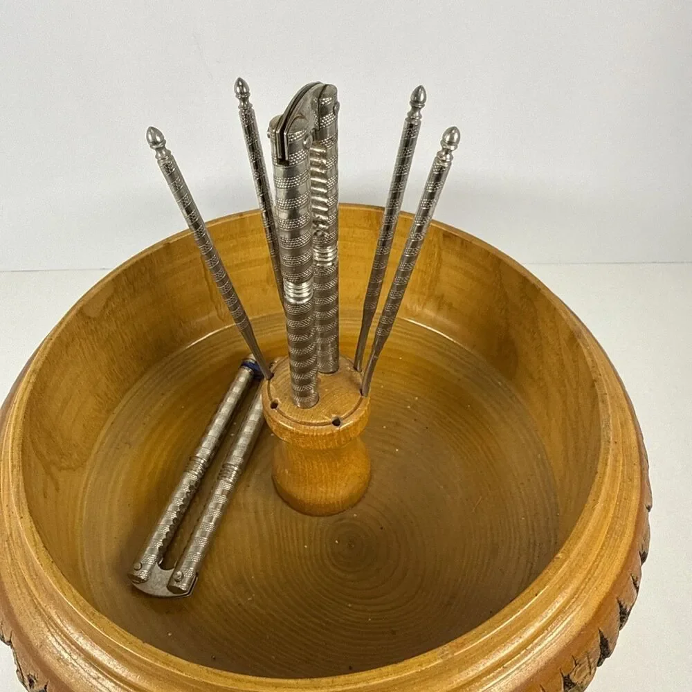 Nut Cracker Set Wooden Log Bark Bowl with 2x Crackers & 4 Picks Set Lake George